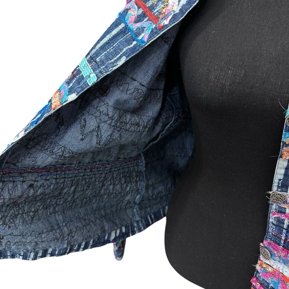 Chico's Denim Jacket Women's Size 2 (12/14) Blue Colorful Ribbon Art To Wear - Picture 7 of 10